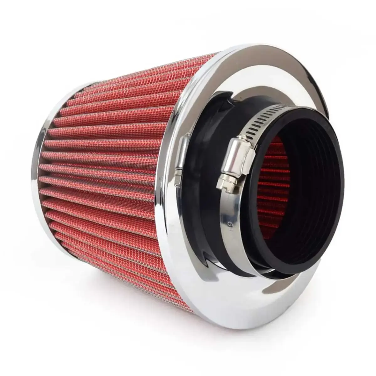 Car Air Conical Filter red/chrome, universal, 3 mouting adapters AMIO-01282
