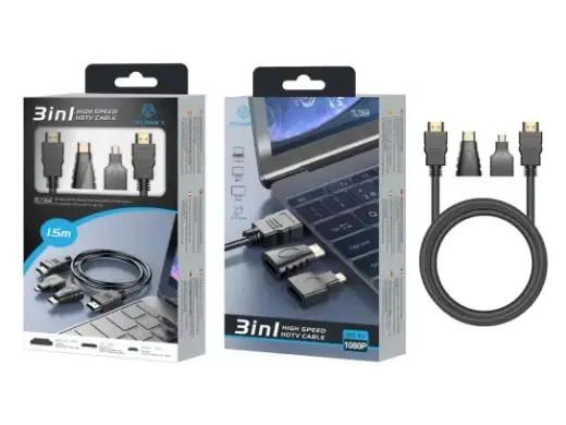 Techancy HDMI 3in1 vaizdo kabelis 1,5 m, juodas