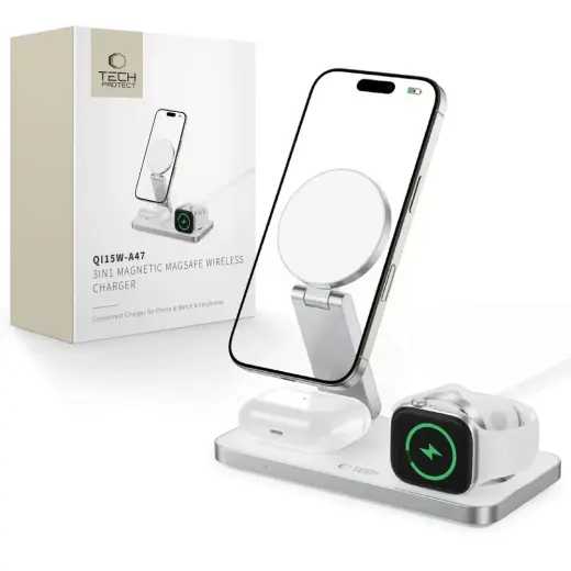 Tech-Protect QI15W-A47 3-in-1 belaidis įkroviklis | Qi | Suderinama su MagSafe | 15W | baltas