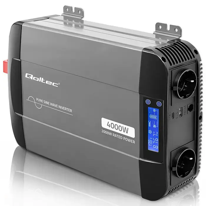 Qoltec Pure Sine Wave Inverter | 12V to 230V | 2000/4000W | LCD | USB | USC-C | Compatible with LiFePO4 GEL AGM