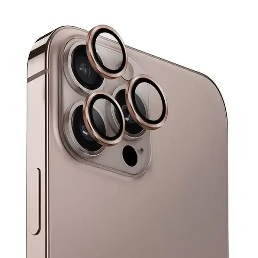 Uniq Optix Aluminum Camera Lens Protector iPhone 16 Pro 6.3" | 16 Pro Max 6.9" taupe gold camera lens glass with applicator