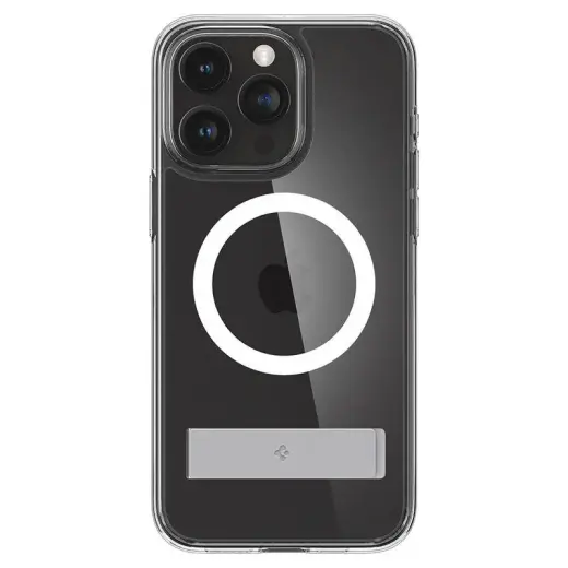 Spigen Ultra Hybrid S phone case with stand and MagSafe support for iPhone 15 Pro transparent