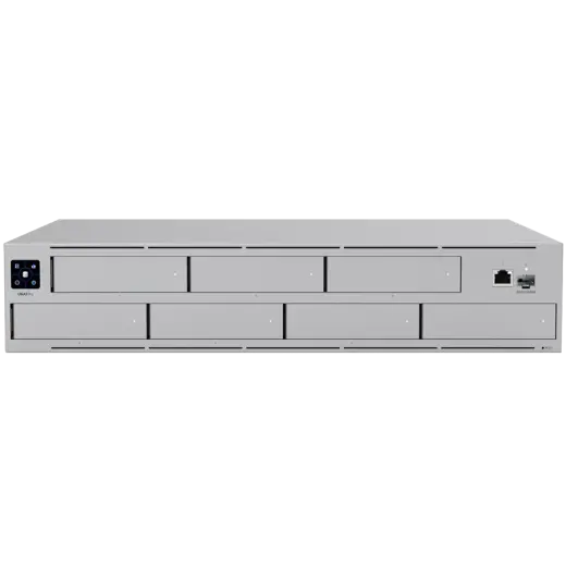 Ubiquiti UNAS-Pro-EU 2U rack-mount NAS with (7) 2.5/3.5" drive bays and 10 Gbps performance designed for large-scale file storage and sharing, (7) 2.5/3.5" HDD / SSD support, 10G SFP+ uplink and (1) GbE RJ45 port