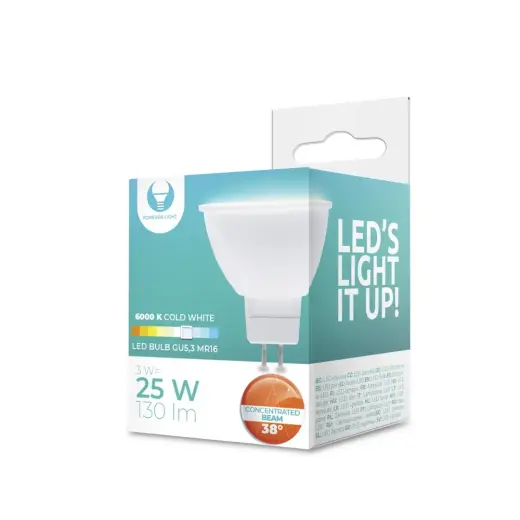 LED spuldze GU5,3 MR16 3W 12V 6000K 130lm 38° mūžīgā gaisma