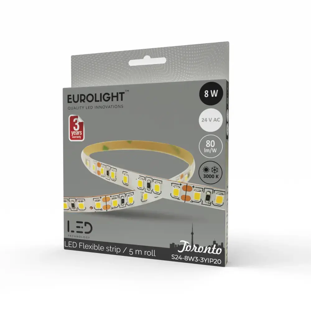 LED juosta Toronto Epistar 2835 8W 3000K IP20 60LED/m 80lm/W 5m Eurolight