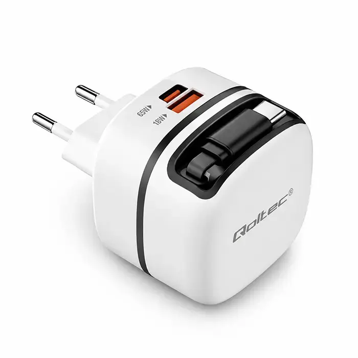 Qoltec tīkla lādētājs | 65W | PD, GaN, PPS | USB-C | ar ievelkamu vadu komplektā