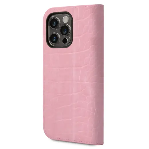 Guess PU Croco with Metal Camera Outline Book Case for iPhone 14 Pro Pink