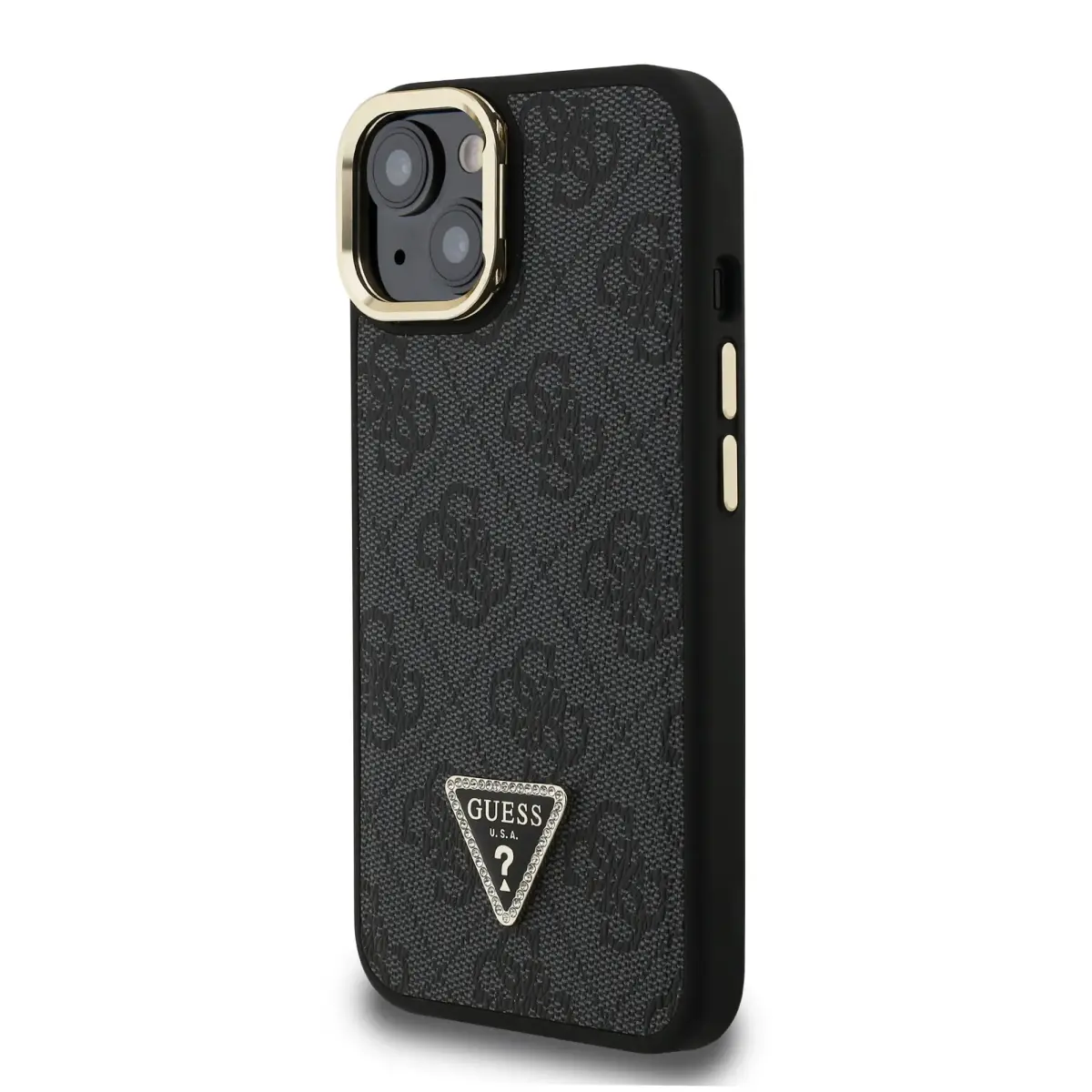 Guess PU 4G Strass Triangle Logo Stand Camera Frame MagSafe Case for iPhone 15 Black