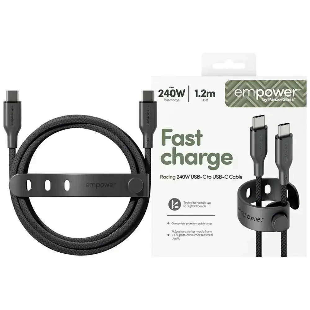 PanzerGlass Empower Racing datu pārraides un uzlādes vads | USB-C uz USB-C | 240W | 1.2m | melns