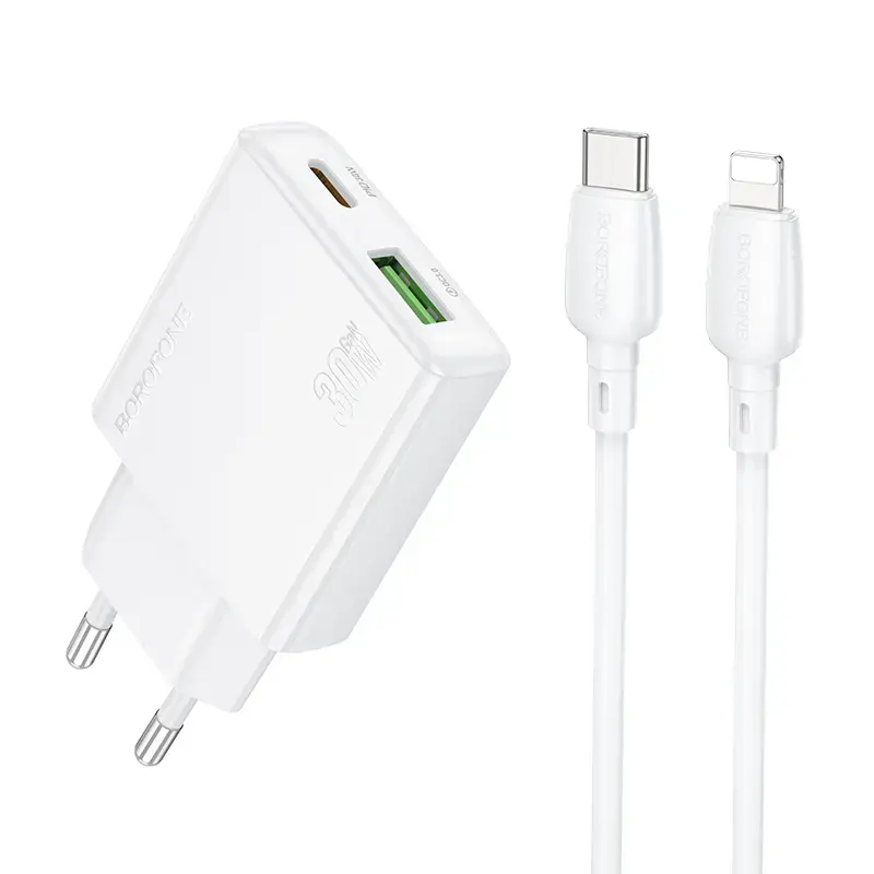 Borofone Wall charger BN25 Wish - USB + Type C - PD QC 3.0 30W with Type C to Lightning cable white