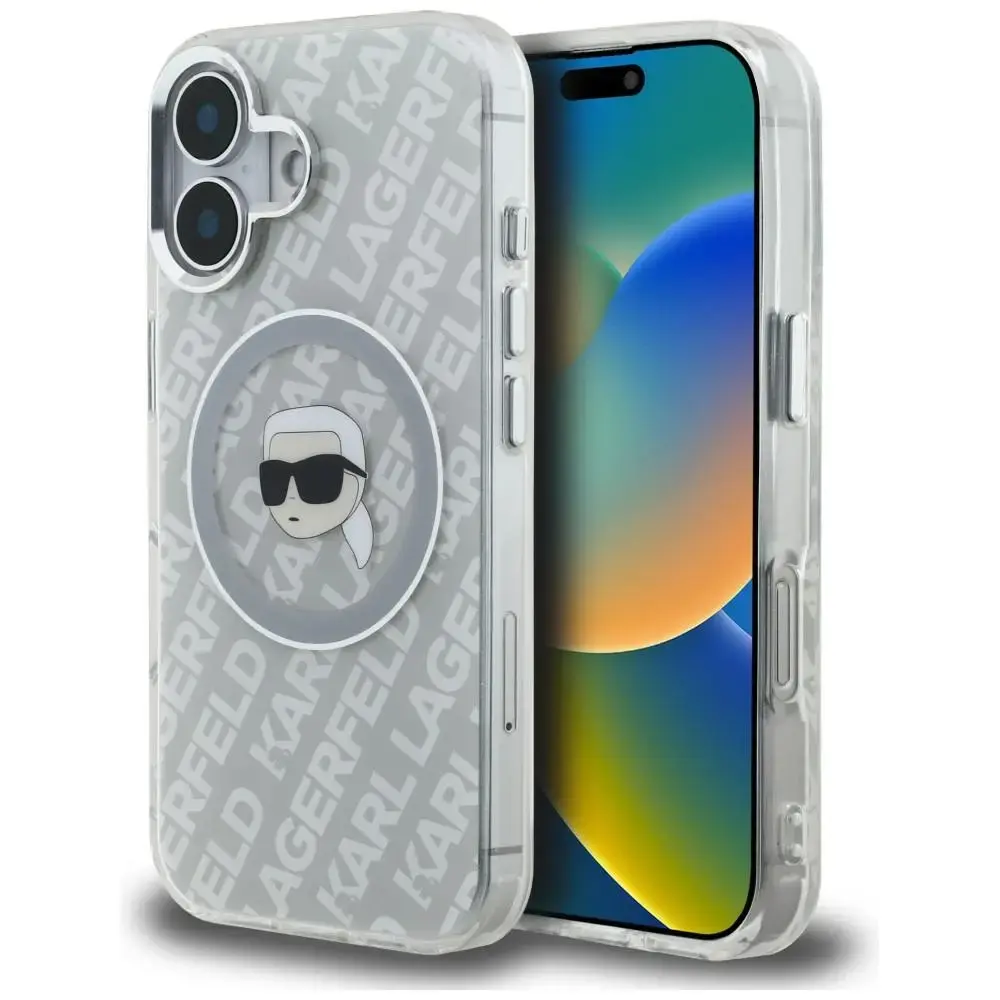 Karl Lagerfeld IML Karl Head Logo maciņš ar MagSafe atbalstu telefonam iPhone 16 pelēks