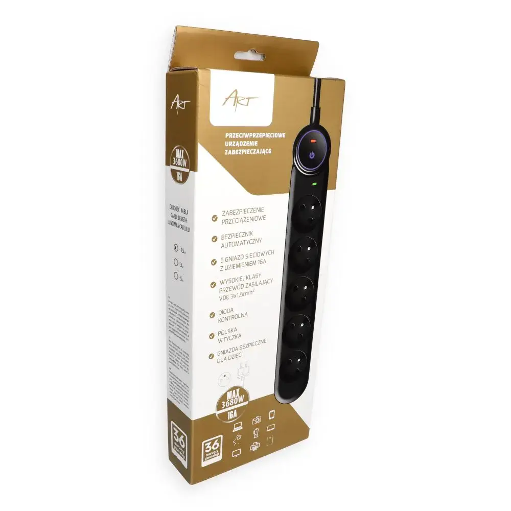 Extension cord 5 sockets Art F2100 1,5 m black