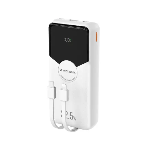 Wozinsky WFC-15W 20000mAh 22.5W PD20W Powerbank with Built-in Lightning and USB-C Cables - White