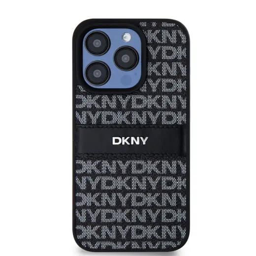 DKNY PU Leather Repeat Pattern Tonal Stripe Case for iPhone 14 Pro Max Black