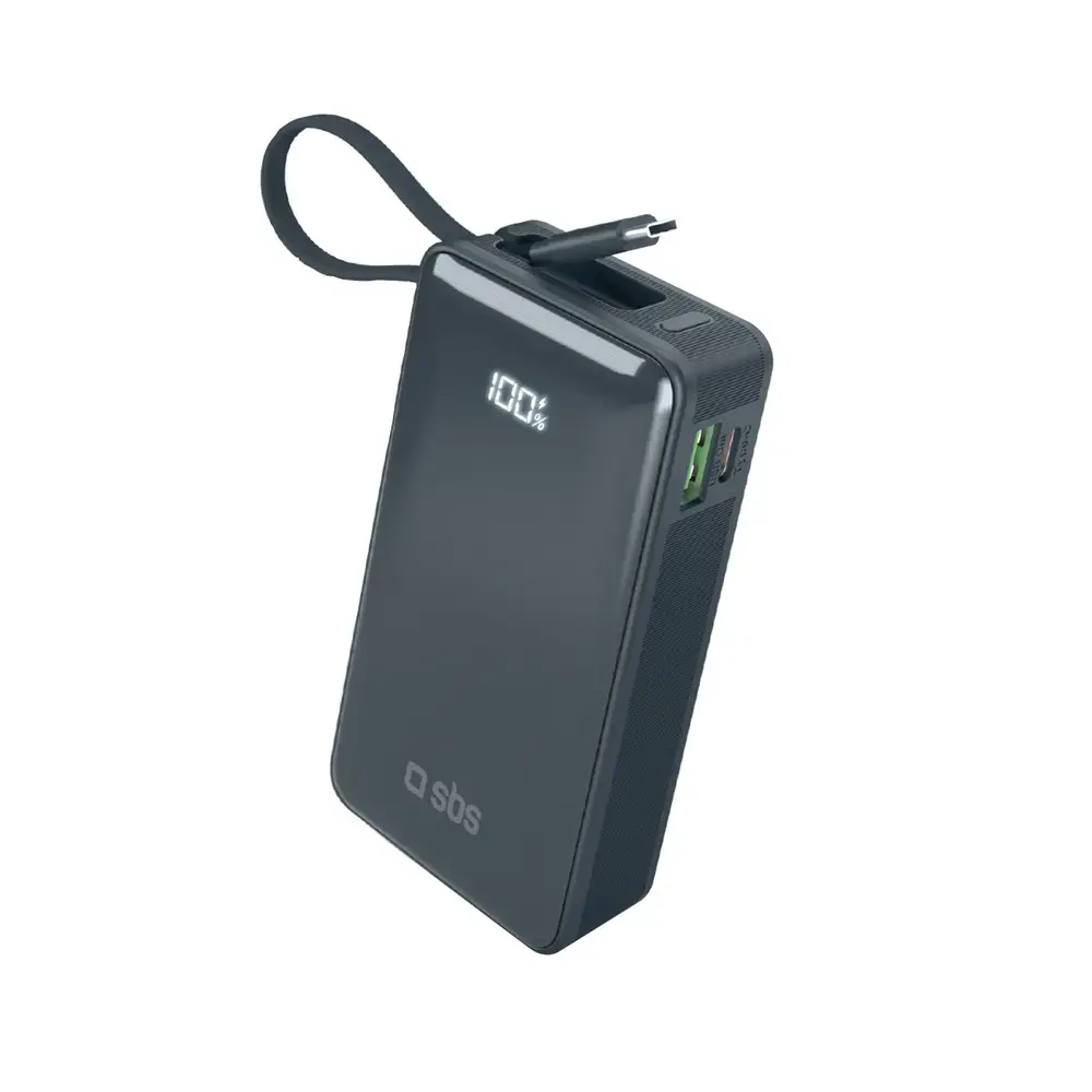 SBS ārējais akumulators (powerbank) | 10 000 mAh | 20W | USB-C | LED ekrāns | pelēks