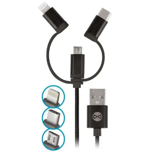Forever 3-in-1 datu pārraides un uzlādes vads | USB-A uz Lightning, USB-C, Micro USB | 7.5W | 1m | melns