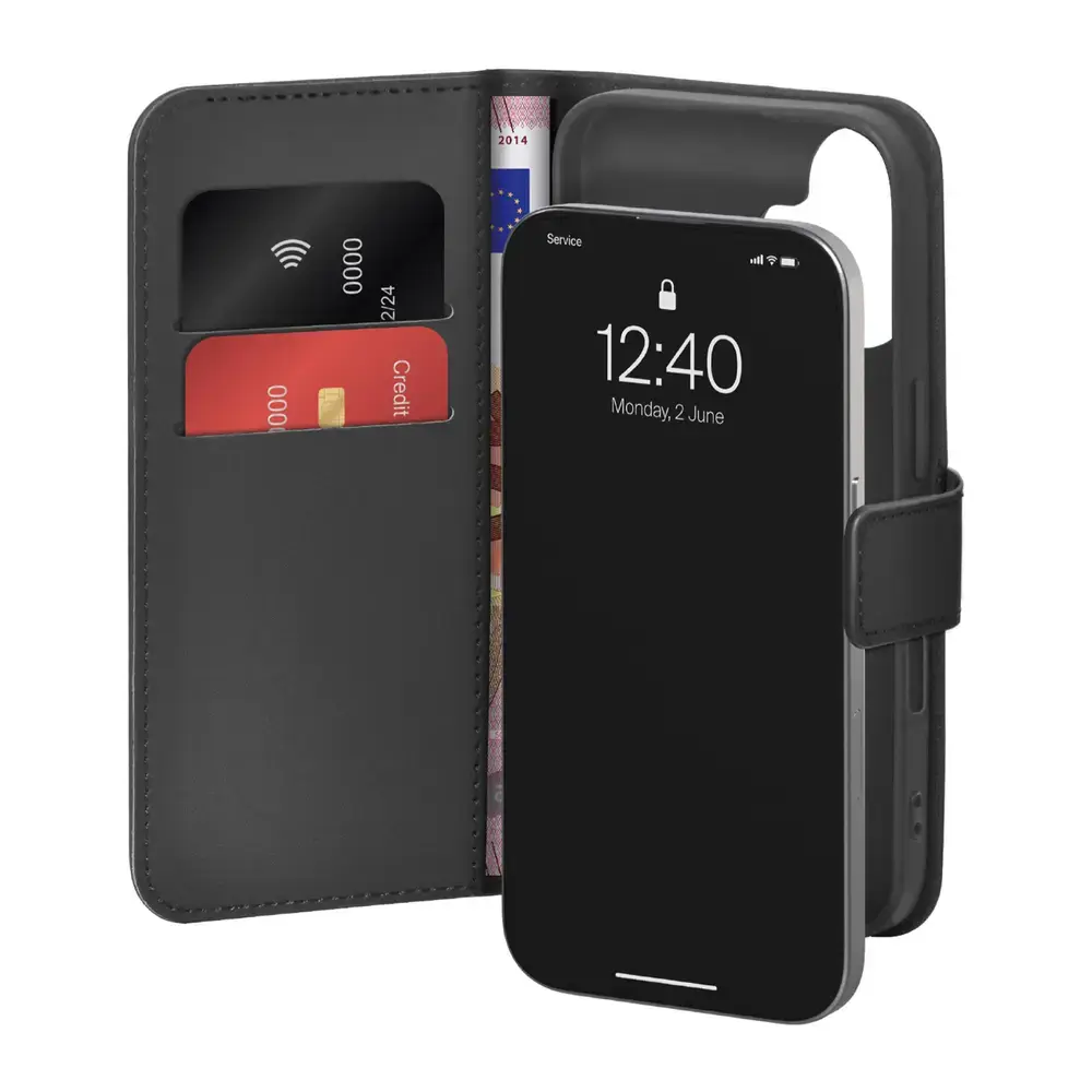 Puro Wallet Stand case for iPhone 17 made of eco-leather, with a flap, wallet and stand function - black