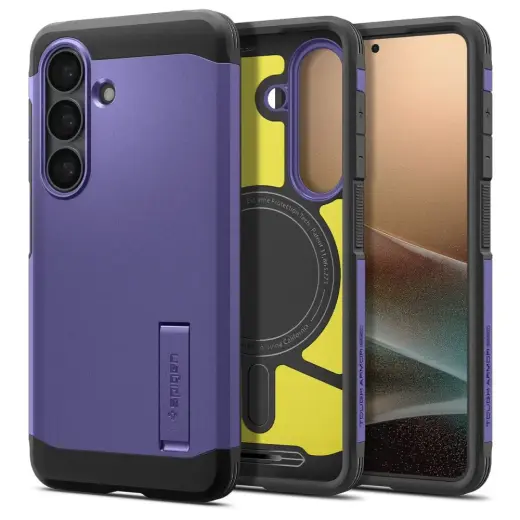 Spigen Tough Armor Mag telefono dėklas su MagSafe palaikymu ir stovu Samsung Galaxy S26+ (S947) violetinis