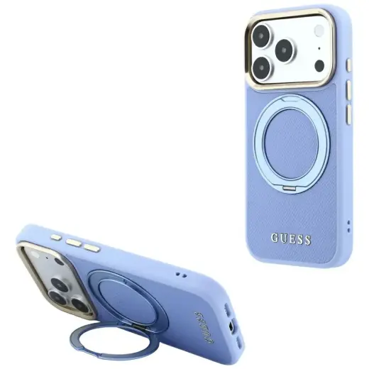 Case Guess Ring Stand 360 Grained Classic Logo MagSafe for iPhone 18 Pro Max/17 Pro Max light blue