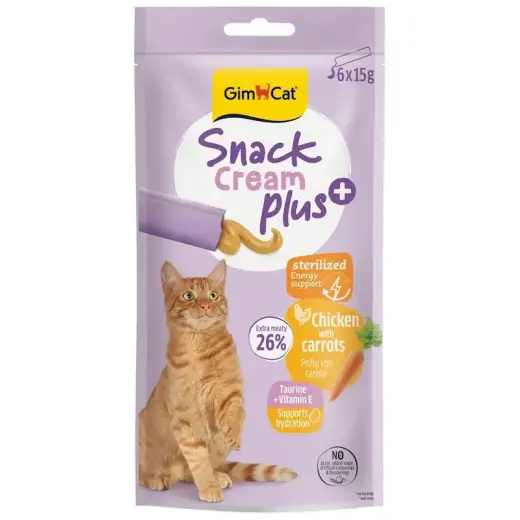 Gardumi kaķiem — GimCat SNACK CREAM + CHICKEN & CARROT (STERILISED) 6 X 15 G