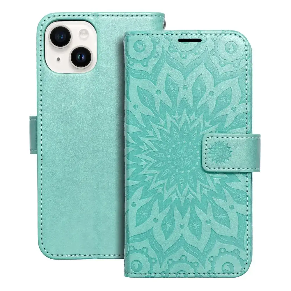 MEZZO mandala grāmatveida maciņš telefonam iPhone 14 zaļš