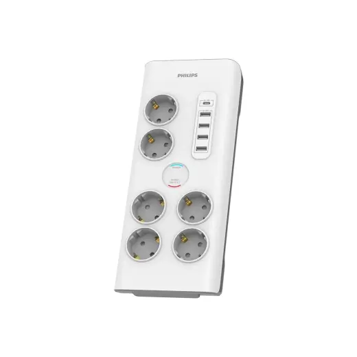 Anti-surge power strip PHILIPS extension cord 6 Schuko sockets + 6xUSB-A + 1xUSB-C 2m 16A white