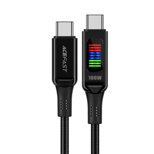 Acefast C7-03 datu pārraides un uzlādes vads | USB-C uz USB-C | 100W | ar LED ekrānu | 1.2m | melns