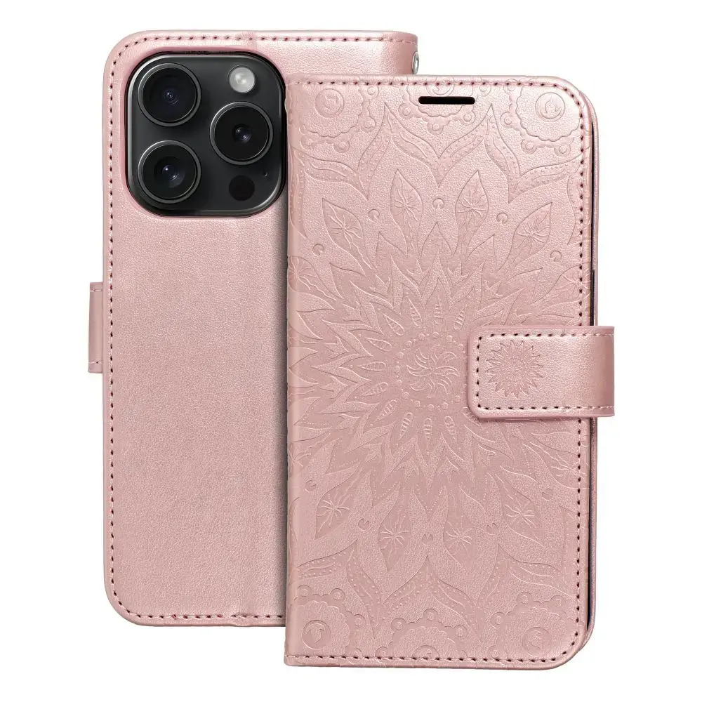 MEZZO mandala grāmatveida maciņš telefonam iPhone 15 Pro rozā