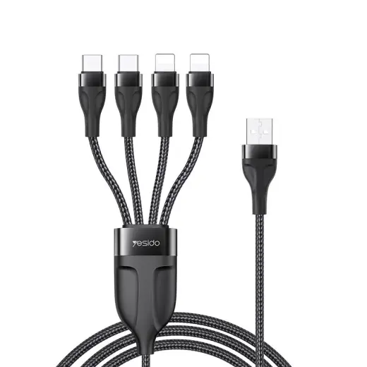 YESIDO CABLE CA111 USB-4IN1 (2xTYPE-C+2xLIGHTNING) 1,2M 4A, BLACK