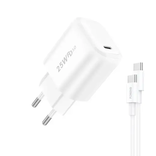 Foneng EU40 reisilaadija | 25W | PD, QC | USB-C | USB-C kuni USB-C kaabliga komplektis | valge