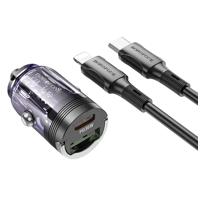 Borofone BBZ29A Talented car charger | 36W | PD, QC | USB-C, USB-A, Lightning | with Type-C to Lightning cable included | transparent-purple