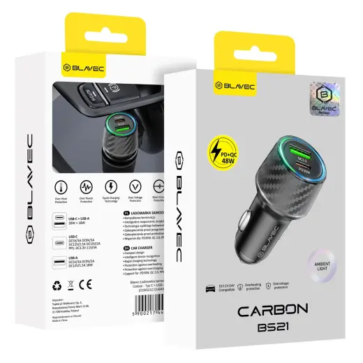 Blavec car charger | 48W | PD, USB-C, USB-A | black