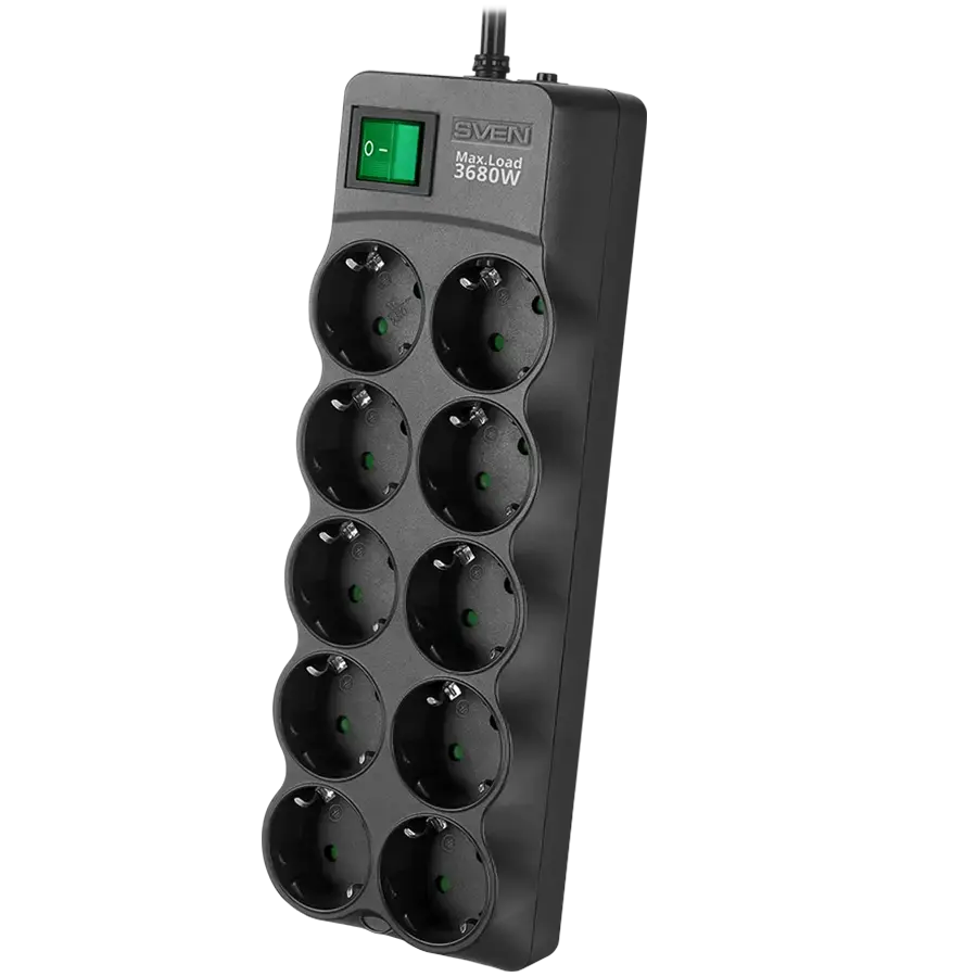 Surge Protector SVEN  SF-10E-16 1,8 m, 16A, 3.6kW, (10 sockets with children protection), black