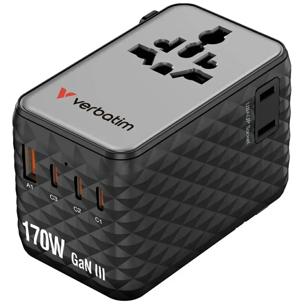 Verbatim Travel Adapter EU/UK/US GaN   1xUSB-A/3xUSB-C PD 170W black 30190