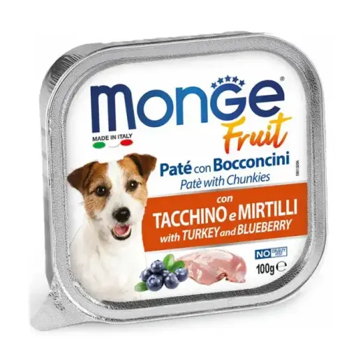 Monge Dog Fruit Pate and Chunkies with Turkey and Blueberry — complete wet pâté food with turkey chunks and blueberries for adult dogs, 100 g