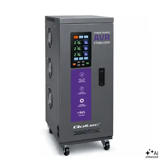 Qoltec Three-phase AVR MULTIPROTECTION voltage stabiliser | 10kVA | Accuracy ± 3% | 3-phase servo motor | LCD