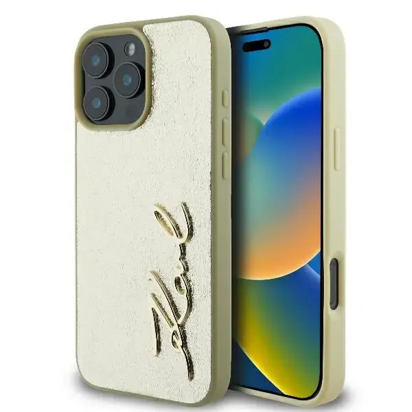 Karl Lagerfeld KLHCP16LPFMFBKMD Metal Signature maciņš telefonam iPhone 16 Pro zelta krāsā