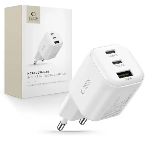 Tech-Protect NCA100W-GAN-AVS reisilaadija | 100W | PD, QC, GaN | valge