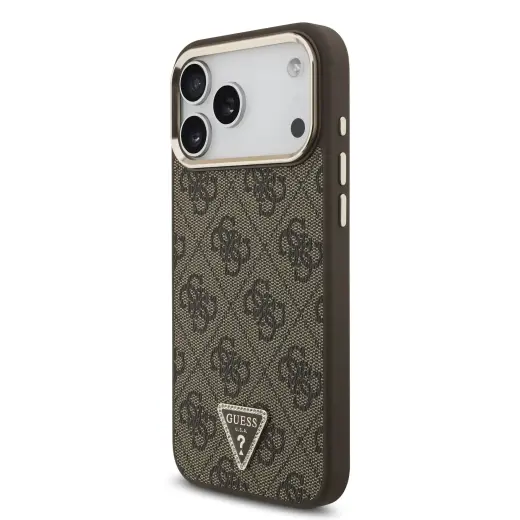 Guess 4G Strass Triangle Logo Gold Frame maciņš ar MagSafe atbalstu telefonam iPhone 18 Pro Max brūns