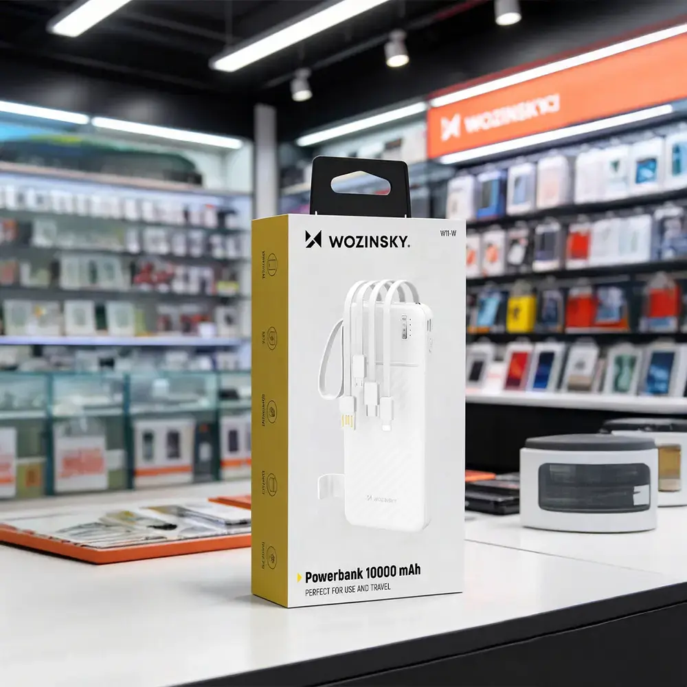 Wozinsky W11-W 10000mAh 10W Powerbank with Built-in Cables and Flashlight - White