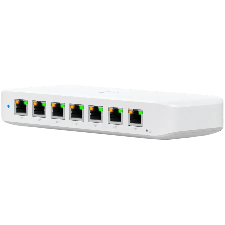 Ubiquiti USW-Ultra-210W-EU compact, Layer 2, 8-port GbE PoE switch with versatile mounting options, 7x GbE PoE+ output ports, GbE port with optional PoE++ input, 202W PoE availability with the included AC power adapter