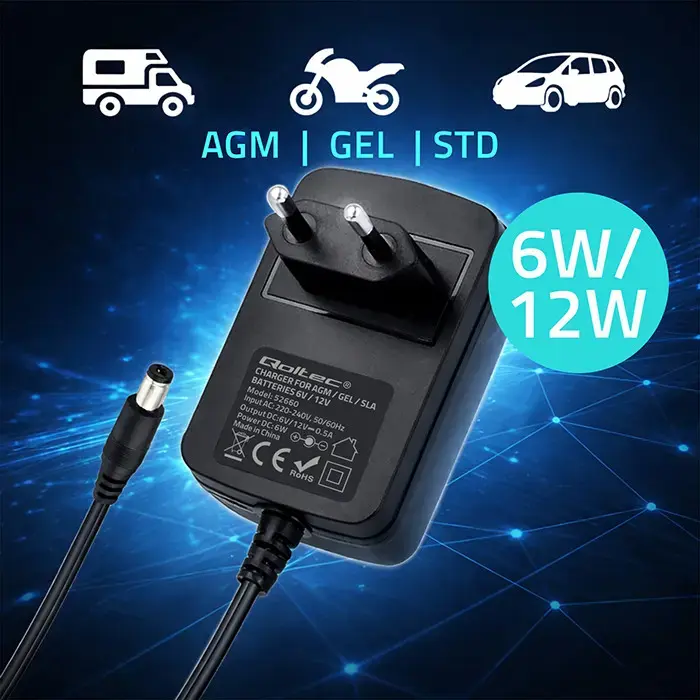 Qoltec 52660 automātiskais lādētājs AGM GEL STD akumulatoriem | 6V/12V lādētājs | 6W | 5,5x2,1 | 1,8m kabelis