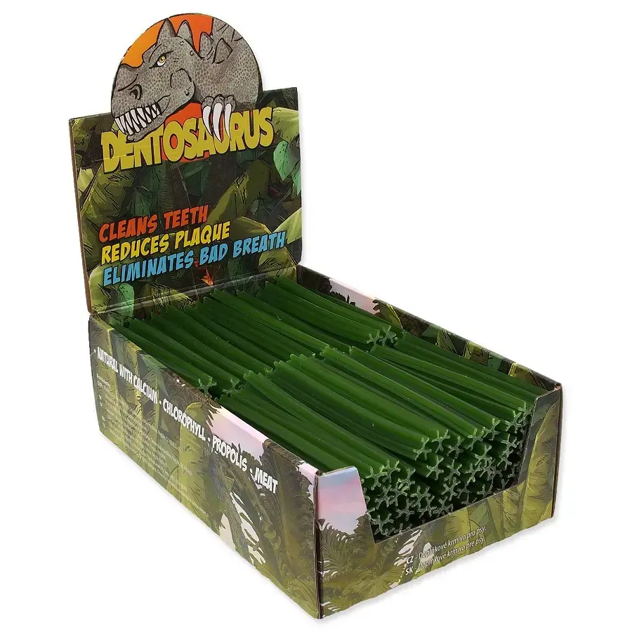 Gardums suņiem – Mr. Dental display dentosaurus stick with chlorophyll S 10 cm 160 gab