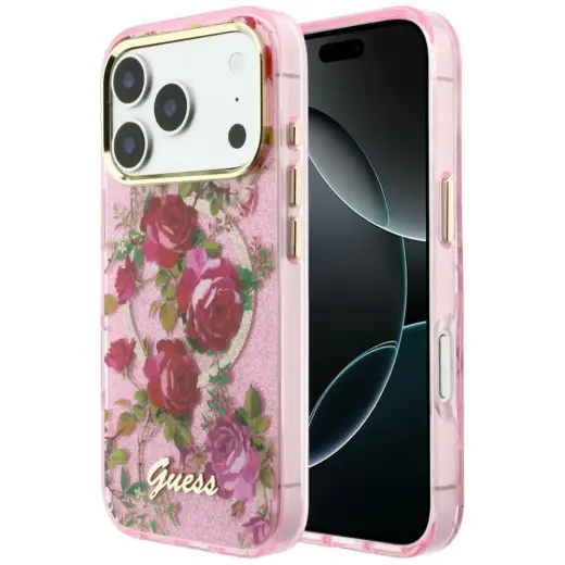 Case Guess IML Glitter Blossom Roses for iPhone 18 Pro Max / iPhone 17 Pro Max pink