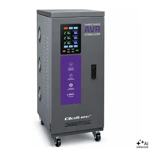 Qoltec Three-phase AVR MULTIPROTECTION voltage stabiliser | 30kVA | Accuracy ± 3% | 3-phase servo motor | LCD