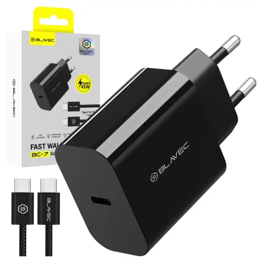 Blavec BC-7 tīkla lādētājs | 45W | PD, QC, GaN | USB-C | ar USB-C uz USB-C vadu komplektā | melns