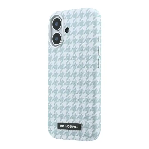 Karl Lagerfeld PU Houndstooth Resin Plate phone case with MagSafe support for iPhone 17 blue