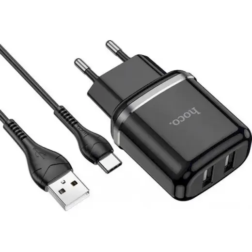 Hoco N4 universal travel charger 2 x USB | 5V | 2.4A + USB-C cable 1M black