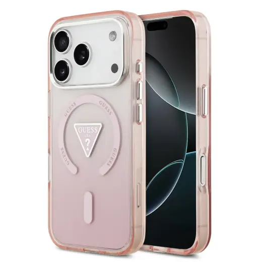 Guess IML Gradient With Print Triangle Logo & Silver Metal Camera Buttons maciņš ar MagSafe atbalstu telefonam iPhone 17 Pro rozā