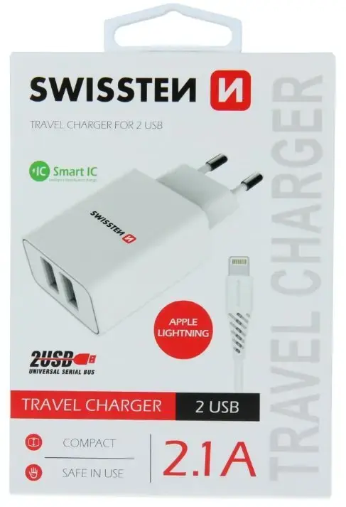 Swissten Smart IC travel charger | 2.1A | Lightning, USB-A | with Lightning cable | white